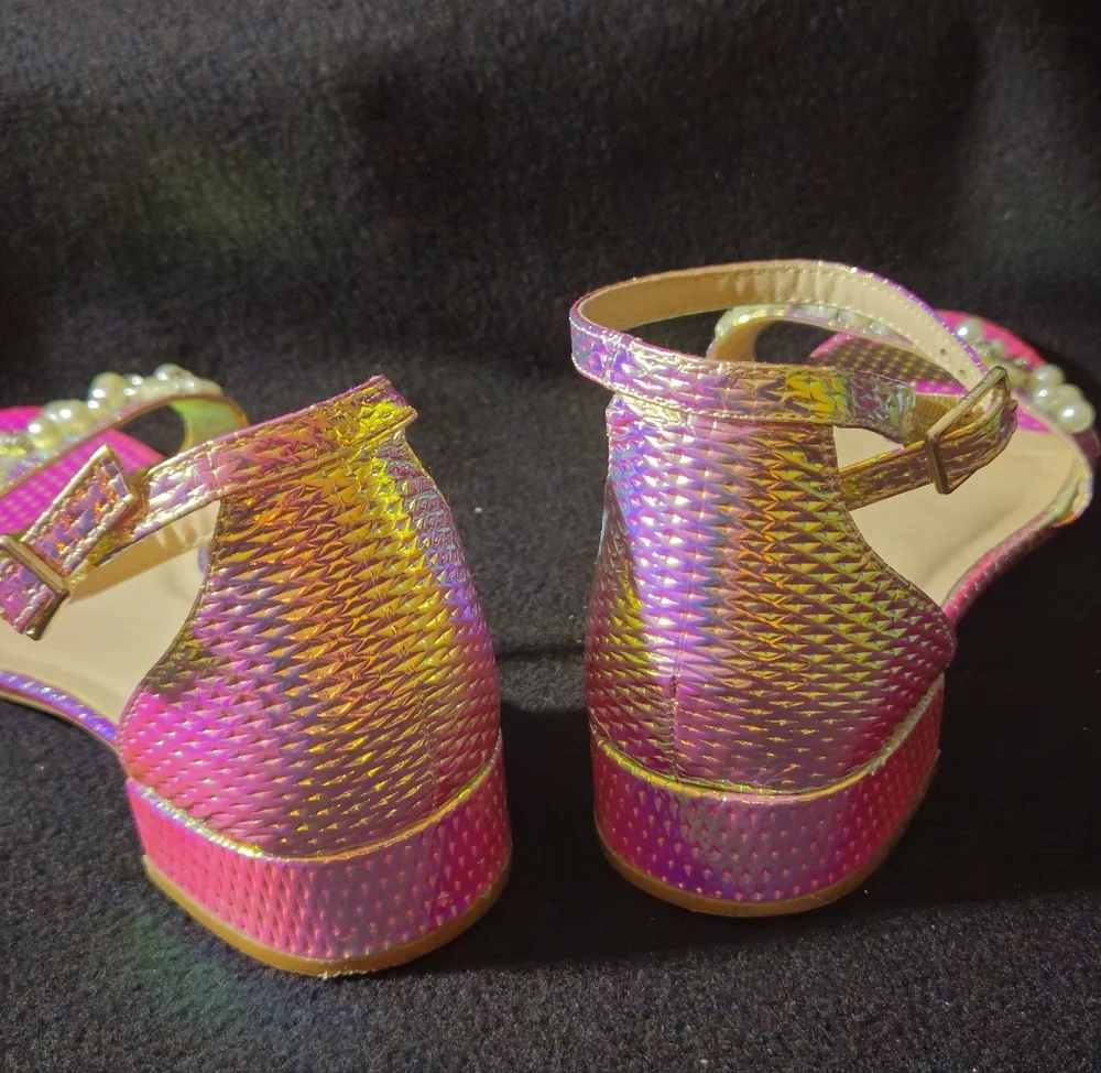 INC GIRLS Pink Iridescent Pearl-Embellished Ankle Strap Sandals - Size 3 to 4
